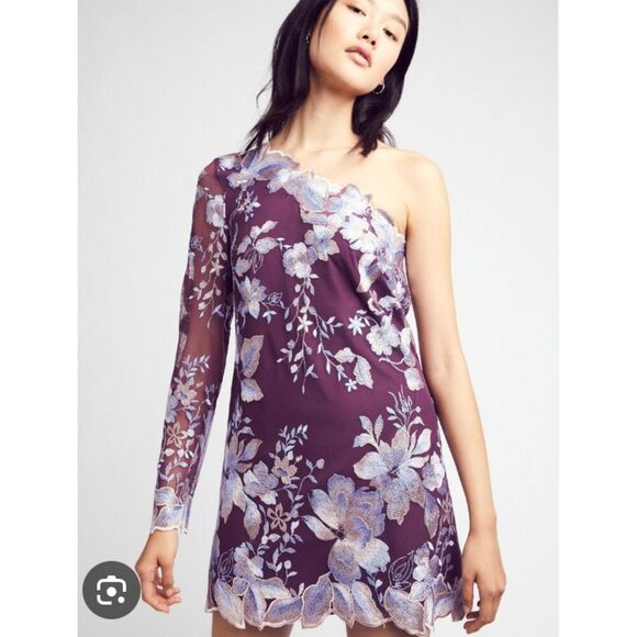 FREE PEOPLE Long Sleeve Purple Sequin Floral One Shoulder Size 0 - Picture 1 of 6